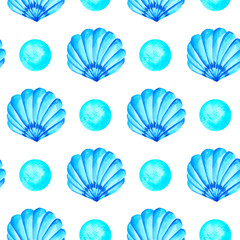 Watercolor seamless pattern with blue circles and seashell isolated on white background. Hand painted nautical illustration. 