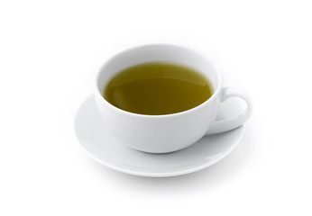 Hot green tea in cup on white background