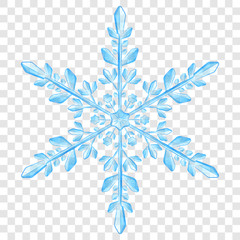 Big complex translucent Christmas snowflake in light blue colors for use on light background. Transparency only in vector format