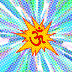 Om symbol on starburst halftone explosion abstract colorful background