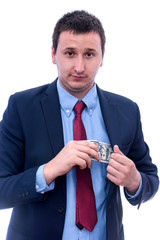Businessman putting dollar banknotes to jacket pocket