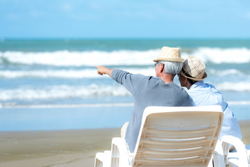 Lifestyle asian senior couple happy and relax on the beach.Â  Tourism elderly family travel...