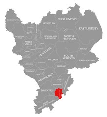 Naklejka premium Wellingborough red highlighted in map of East Midlands England UK