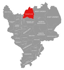 Bassetlaw red highlighted in map of East Midlands England UK