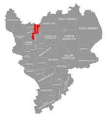 Bolsover red highlighted in map of East Midlands England UK
