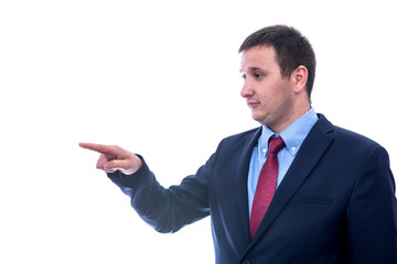 Young man in suit gesturing isolated on white