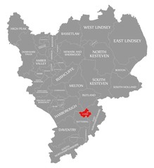 Corby red highlighted in map of East Midlands England UK