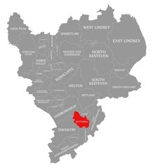 Kettering red highlighted in map of East Midlands England UK