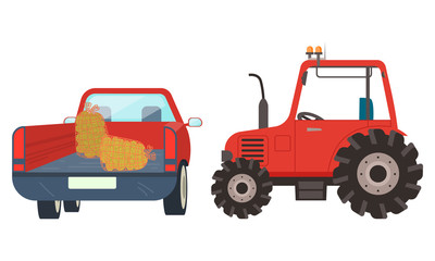 Farming machinery for agricultural works vector, isolated car lorry for transportation of items. Truck with hay tractor with pipe, farm and farming industry. Flat cartoon