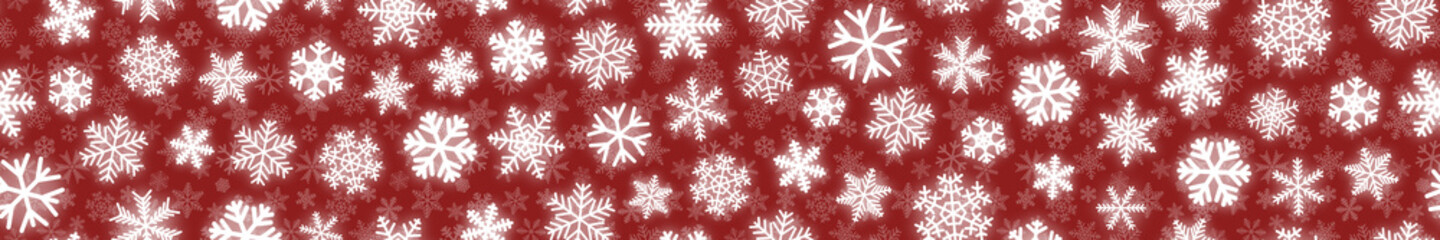 Naklejka na ściany i meble Christmas horizontal seamless banner of white snowflakes on red background