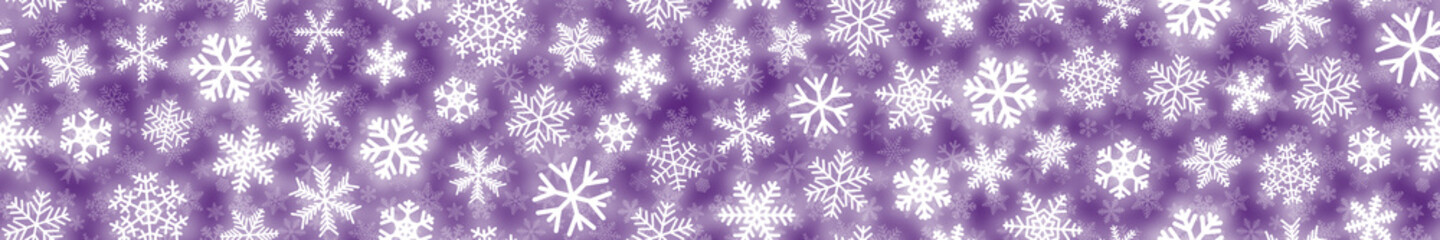 Fototapeta na wymiar Christmas horizontal seamless banner of white snowflakes on purple background