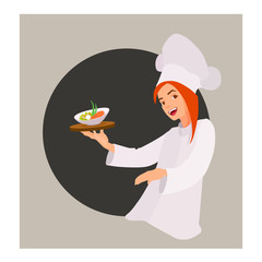 Girl chef cook presents meal, holding a tray with a dish. Seafood and rice, salmon, shrimp, lettuce.