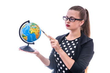 Woman holding globe and pointing on it isolated on white