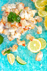 crab meat and body parts, tentacles, knee cubes, blue marine background on ice, slices of lemon and...