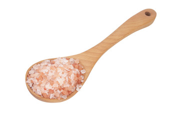 Himalayan pink salt in wooden spoon isolated