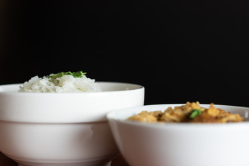 Thai cuisine, Northern of Thailand Lanna style, Hot steamed rice with crispy belly pork in chili flavor, Space for text