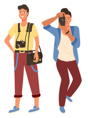 Smiling man and woman character photographing, people in casual clothes shooting. Photographers male and female focusing lens and do photo, paparazzi equipment vector