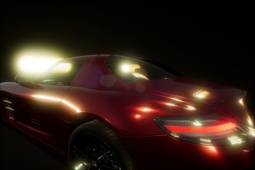 luxury sport car in dark studio with bright lights