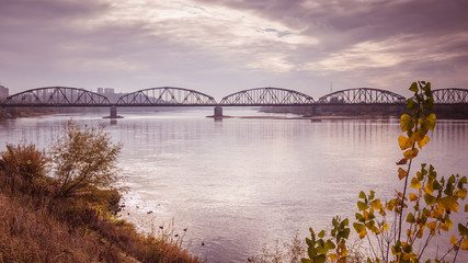 Naklejka premium Steel road and railway bridge on the Vistula River in Grudziadz in Poland
