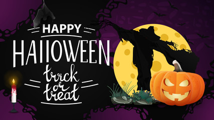 Happy Halloween, horizontal greeting banner with Scarecrow and pumpkin Jack against the moon