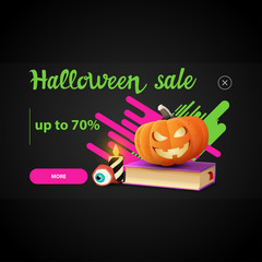 Halloween sale, pop up window for website with spell book and pumpkin Jack