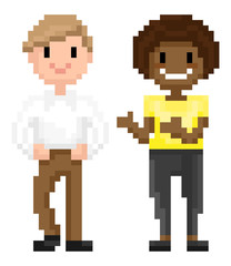 Fototapeta premium Man and woman pixelated graphics of 8 bit game vector, isolated character of pixel game, mosaic representation, Afro American and Evropean personages, friends spending time together flat style