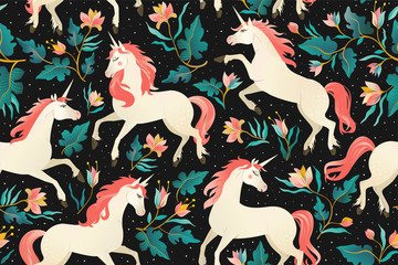 Unicorns on a dark background with a fairy forest. Seamless pattern. © Angelina Bambina