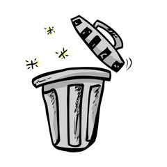 Simple Vector Outline Hand Draw Sketch of Gray Clean and tidy trash bin, with abstract blue wave at white background