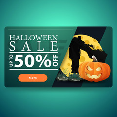 Halloween sale, modern green discount banner with Scarecrow and pumpkin Jack against the moon