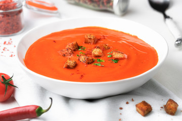 Tomato soup close-up. Healthy vegetarian dish