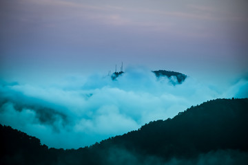 aerial view of foggy mountains