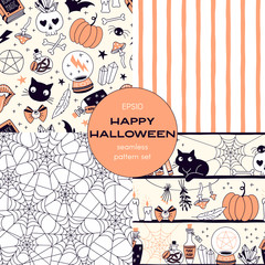 Witchy stuff cartoon vector seamless pattern set. Cobweb, crystal ball, black cat, pumpkin, vertical stripes backgrounds pack. Witch power decorative textile, wallpaper, wrapping paper design