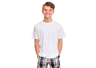 T-shirt design concept. Teen boy in blank white t-shirt, isolated on white background. Mock up...