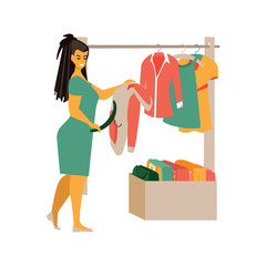  Donated boxes clothes. Women fold clothes. Men's and women's clothing on hangers and in boxes. Vector.