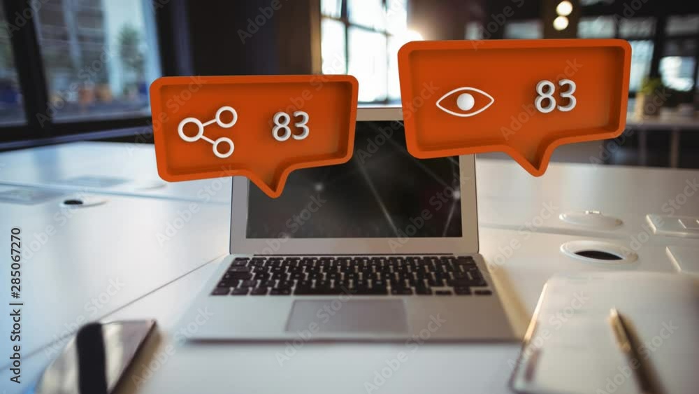Poster share and search symbols and increasing numbers over laptop, smartphone and notebook on table