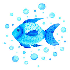 Watercolor turquoise  fish with blue circles isolated on white background. Hand painted nautical illustration. 