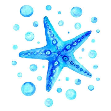 Watercolor turquoise  starfish with blue circles isolated on white background. Hand painted nautical illustration. 
