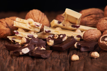 Nuts and milk and dark chocolate pieces on wooden background