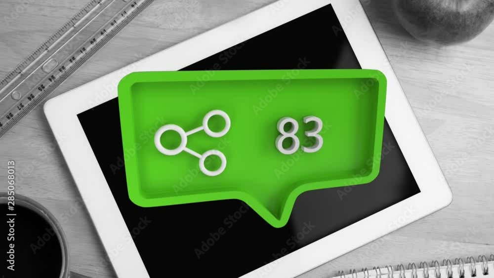 Poster share symbol and increasing numbers over tablet on table