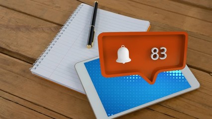 Reminder symbol and increasing numbers over coffee cup and tablet on table