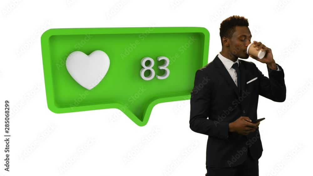 Poster love symbol and increasing numbers with man using smartphone