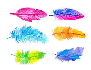 Watercolor brown, yellow, blue, green feathers set  isolated on white background. 