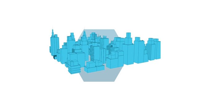 Blue hexagons zooming in with 3d drawing of city rotating