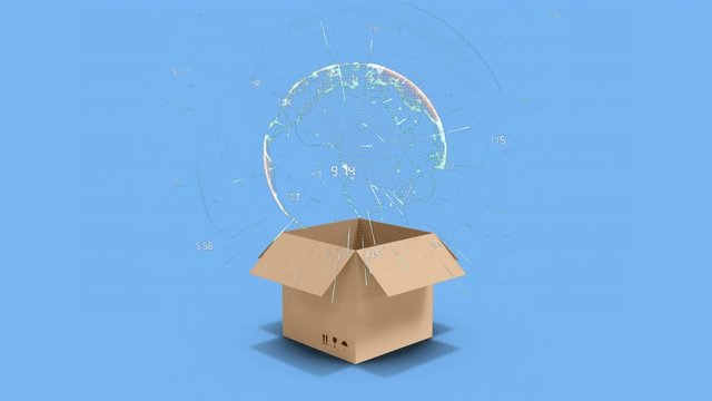 Rotating globe and opening box on blue background