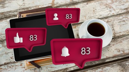 Person, like and reminder symbols and increasing numbers over coffee cup and tablet on table