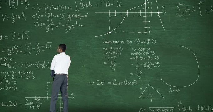 Back view of man thinking in front of moving maths calculations on chalkboard
