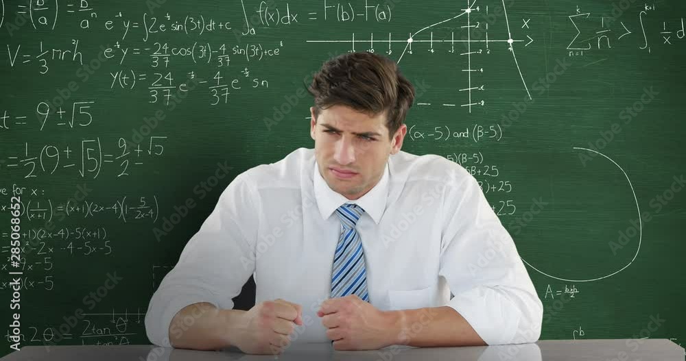 Poster man in front of moving maths on blackboard