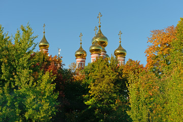 Fototapeta na wymiar Golden domes of the church against the blue sky above the trees