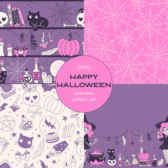 Halloween night cartoon vector seamless pattern set. Witch reading incantation, spider web backgrounds pack. Enchantment, alchemy, witchy stuff decorative textile, wallpaper, wrapping paper design