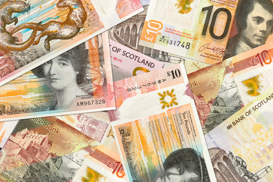 some different 10 Pounds Sterling banknotes issued by Scottish Banks